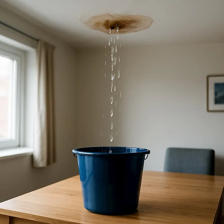 Water coming through ceiling into a bucket